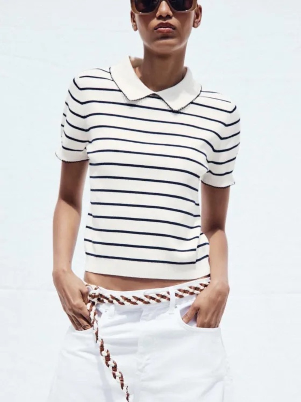 ZARA Short Sleeve Striped Polo Top with Embroidery Trimmed Collar. M NWT